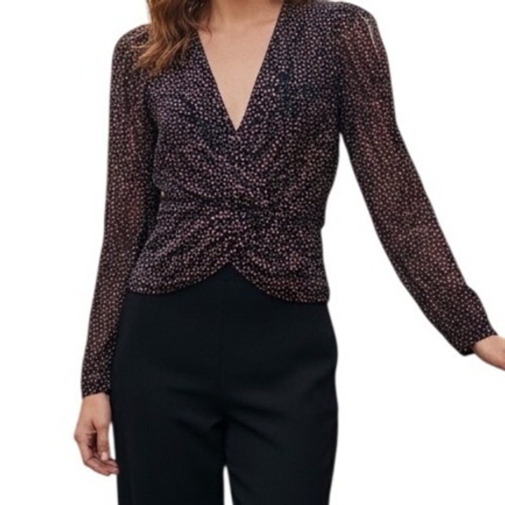 🆕 EXPRESS Black Pink White Print Dot Twist Front V-Neck Peplum Blouse Top EUC XS